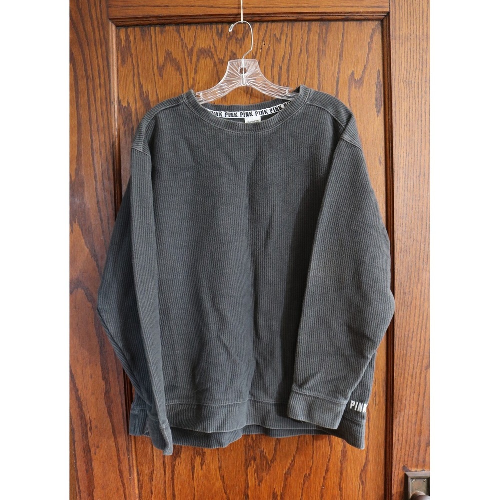 PINK Victorias Secret Waffle Knit Thermal Sweatshirt Women Large Gray Distress